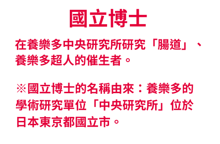 在養樂多中央研究所研究「腸道」、養樂多超人的催生者。國立博士的名稱由來：養樂多的學術研究單位「中央研究所」位於日本東京都國立市。